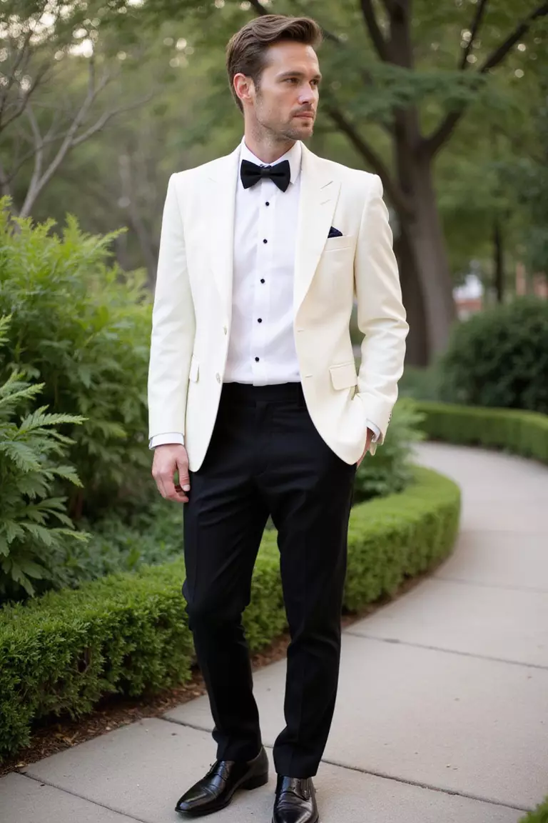 Summer Tuxedo A professional photo, similar to a photo in a wedding magazine, of a man wearing a white or ivory dinner jacket, black tuxedo pants, black bow tie, and formal shoes at a black-tie summer event