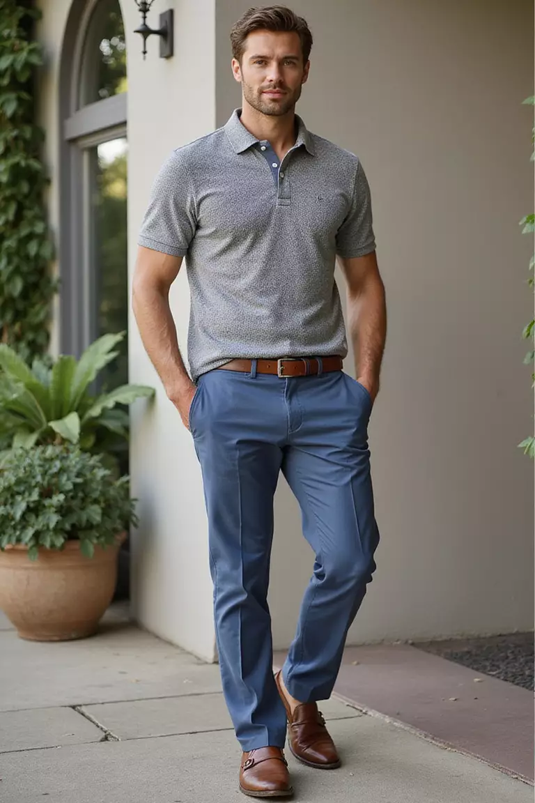 Knit Polo and Suit Pants A professional photo, similar to a photo in a wedding magazine, of a man wearing a textured knit polo shirt, tailored suit pants, leather belt, and loafers at a modern summer wedding.