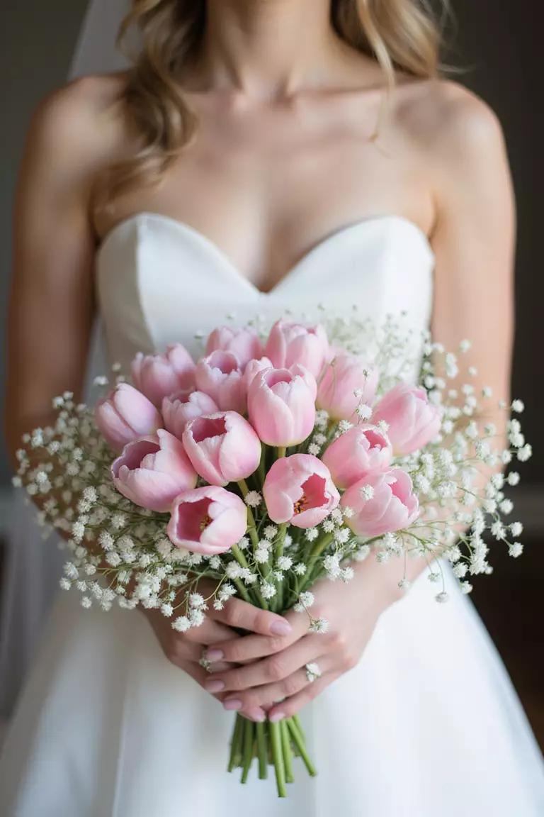 Tulips And Baby's Breath A professional photo, similar to a photo in a wedding magazine, of a bride holding a delicate bouquet of soft pink tulips interspersed with clouds of white baby's breath.