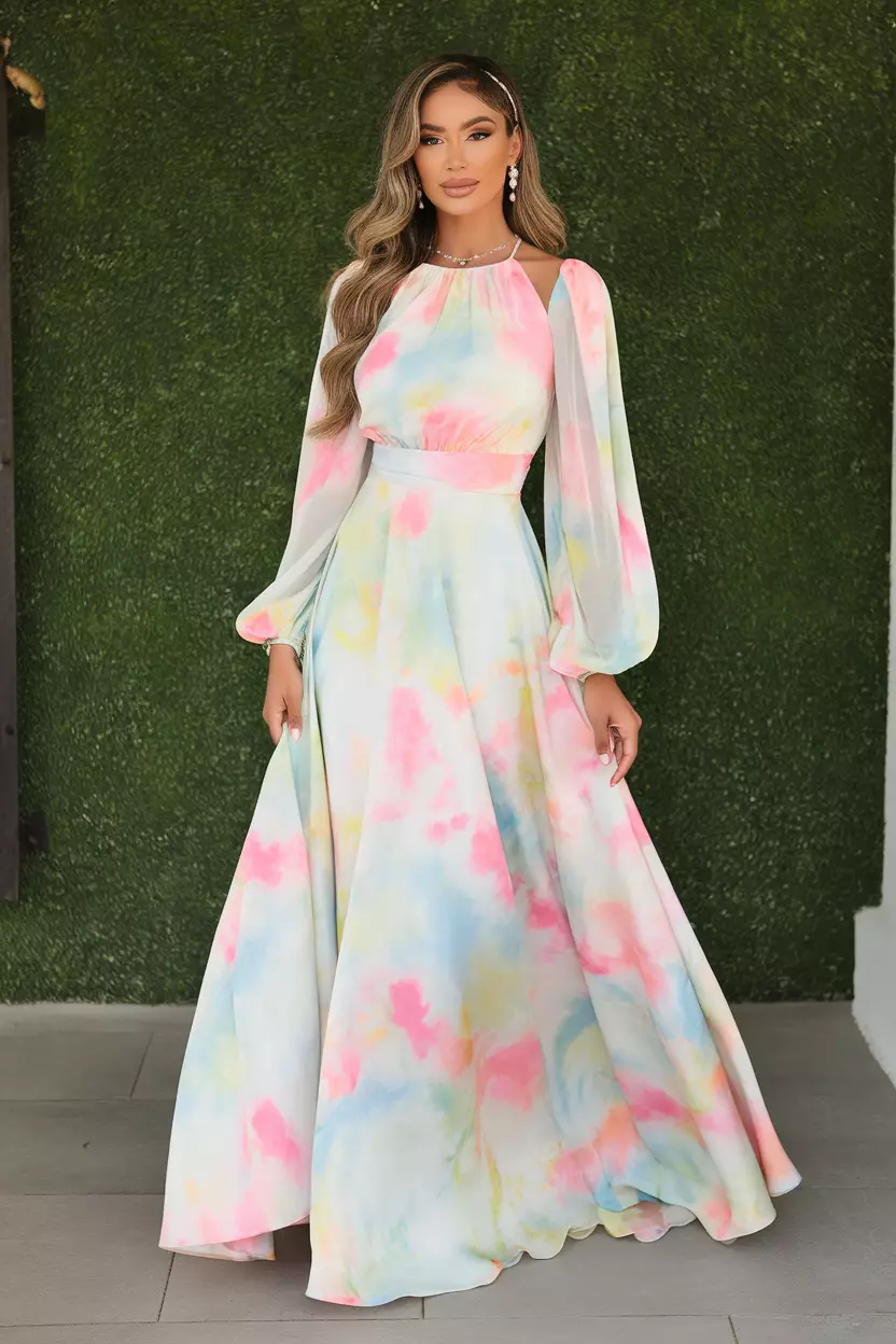 Convertible Dress With Pastel Tie Dye Design A beautiful bride wearing a convertible maxi dress featuring a soft pastel tie-dye pattern in shades of pink, blue, and yellow, styled elegantly.