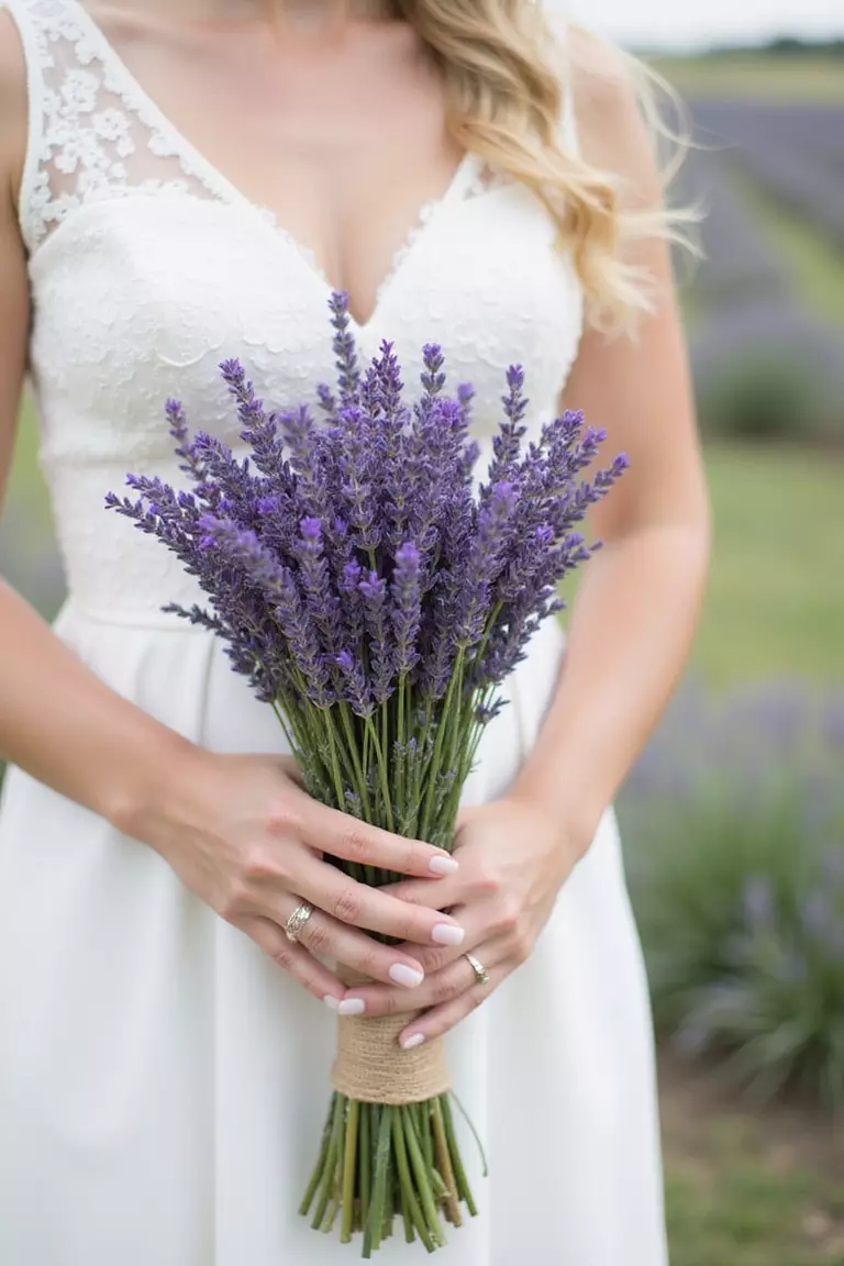 Lovely Lavender A professional photo, similar to a photo in a wedding magazine, of a bride holding a simple bouquet primarily made of fragrant lavender sprigs, tied with burlap ribbon, held delicately. Provence field background.