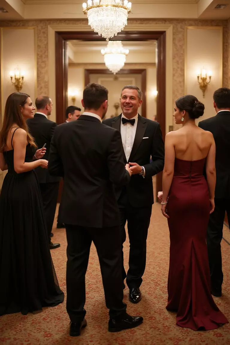 Black Tie Dress Code A professional photo, similar to a photo in a wedding magazine, of wedding guests mingling, men in sharp black tuxedos and women in formal floor-length gowns, within an opulent ballroom.