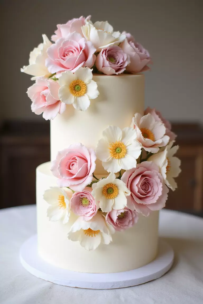 Floral Fantasy Cake A professional photo, similar to a photo in a wedding magazine, of a two-tier cake covered in cascading, realistic sugar flowers in shades of blush pink and cream.