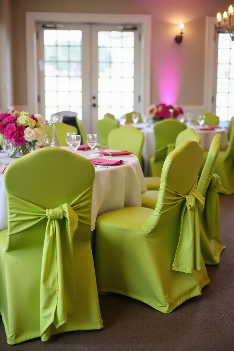 Lime Green And Hot Pink A professional photo, similar to a photo in a wedding magazine, of lime green chair sashes tied around chairs with hot pink floral accents at a fun, modern wedding reception.