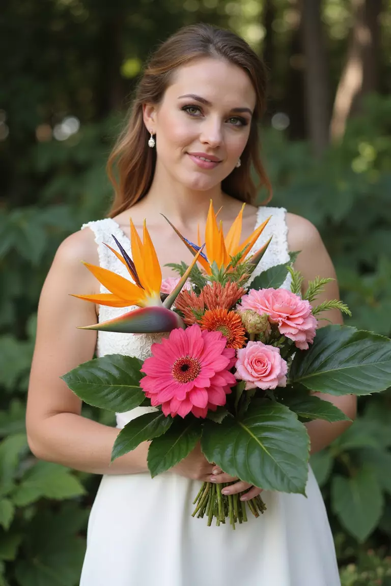 Tropical Brights A professional photo, similar to a photo in a wedding magazine, of a bride holding a vibrant bouquet bursting with tropical flowers like birds of paradise, bright pink ginger flowers, and large monstera leaves.