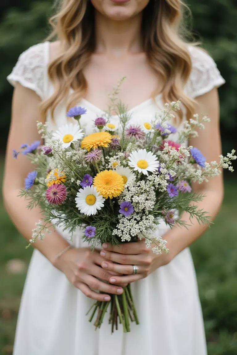 Wildflower Wonders A professional photo, similar to a photo in a wedding magazine, of a bride holding a loosely tied bouquet overflowing with colorful wildflowers like daisies, cornflowers, and Queen Anne's lace.
