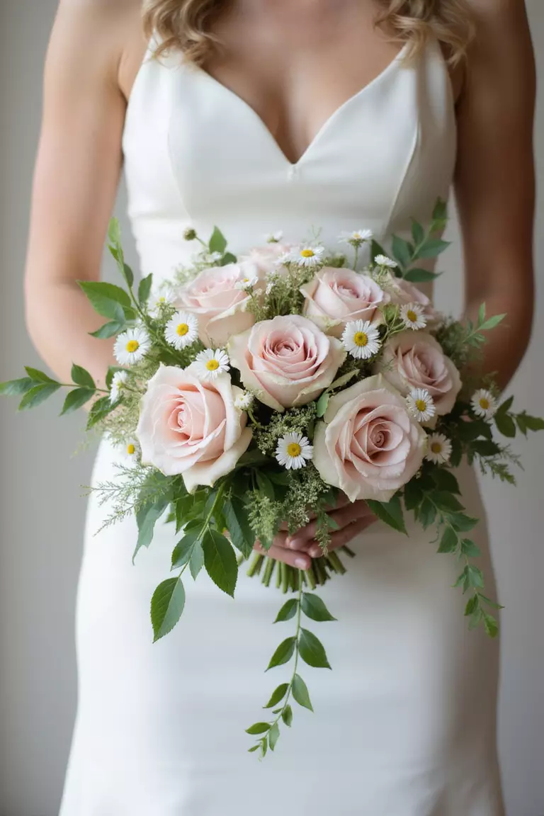 Wild Rose Romance A professional photo, similar to a photo in a wedding magazine, of a bride holding a loose bouquet of pale pink wild roses, white field daisies, and trailing green ivy vines.