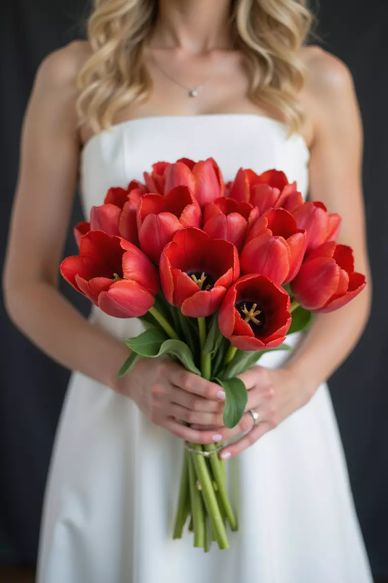 Vibrant Red Tulips A professional photo, similar to a photo in a wedding magazine, of a bride holding a passionate bouquet of vivid red, cup-shaped tulips against her white dress.