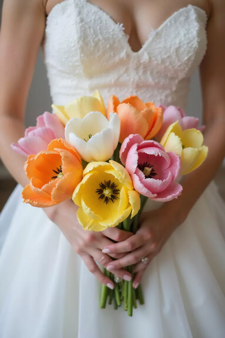 Mixed Color Tulips A professional photo, similar to a photo in a wedding magazine, of a bride holding a playful bouquet showcasing a mix of yellow, pink, orange, and white tulips.