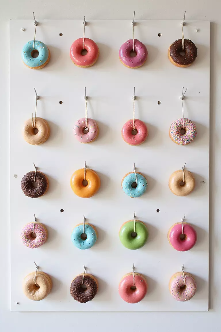 Donut Wall A professional photo, similar to a photo in a wedding magazine, of a white pegboard wall with various colorful frosted donuts neatly hanging on pegs, arranged in rows.