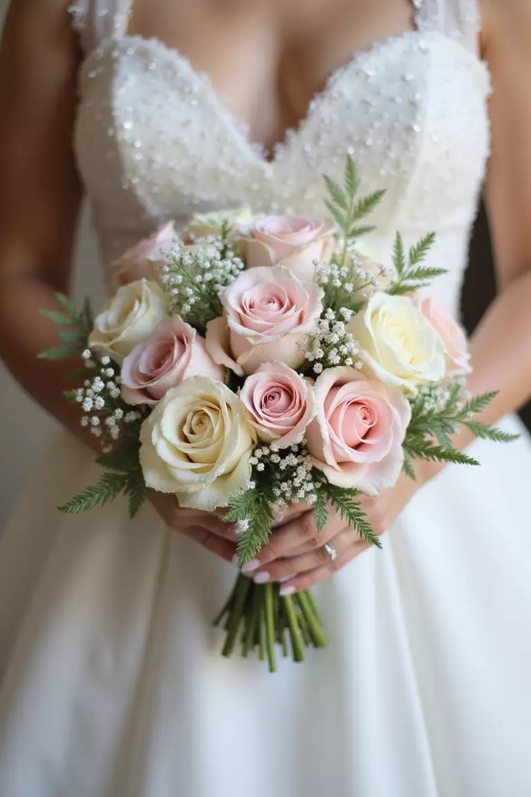 Roses A professional photo, similar to a photo in a wedding magazine, of a lush bouquet featuring garden roses in blush pink and cream tones, mixed with delicate greenery, held by a bride.