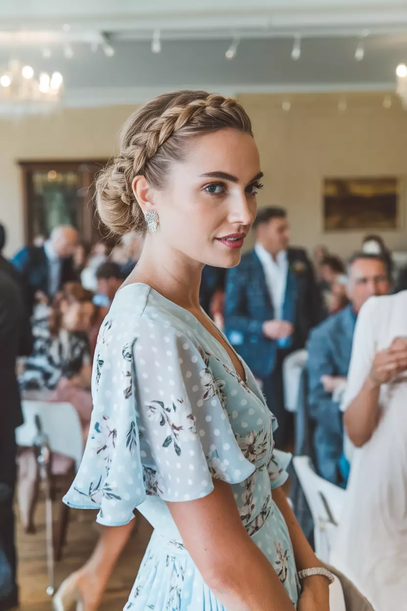 Braided Chignon A beautiful woman with a braided chignon hairstyle for a summer wedding guest.