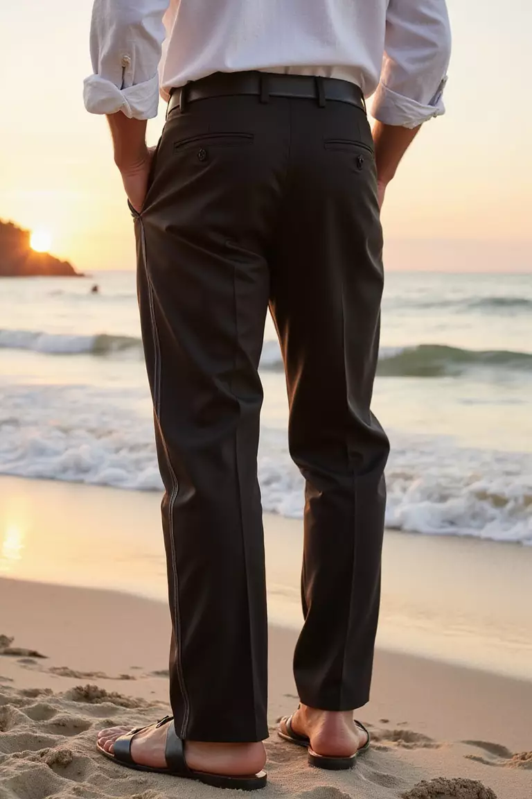 Satin-Trimmed Tuxedo Pants with Linen Shirt A professional photo, similar to a photo in a wedding magazine, of a man wearing black tuxedo pants with a satin stripe, untucked white linen shirt, and leather sandals at a sunset beach wedding.