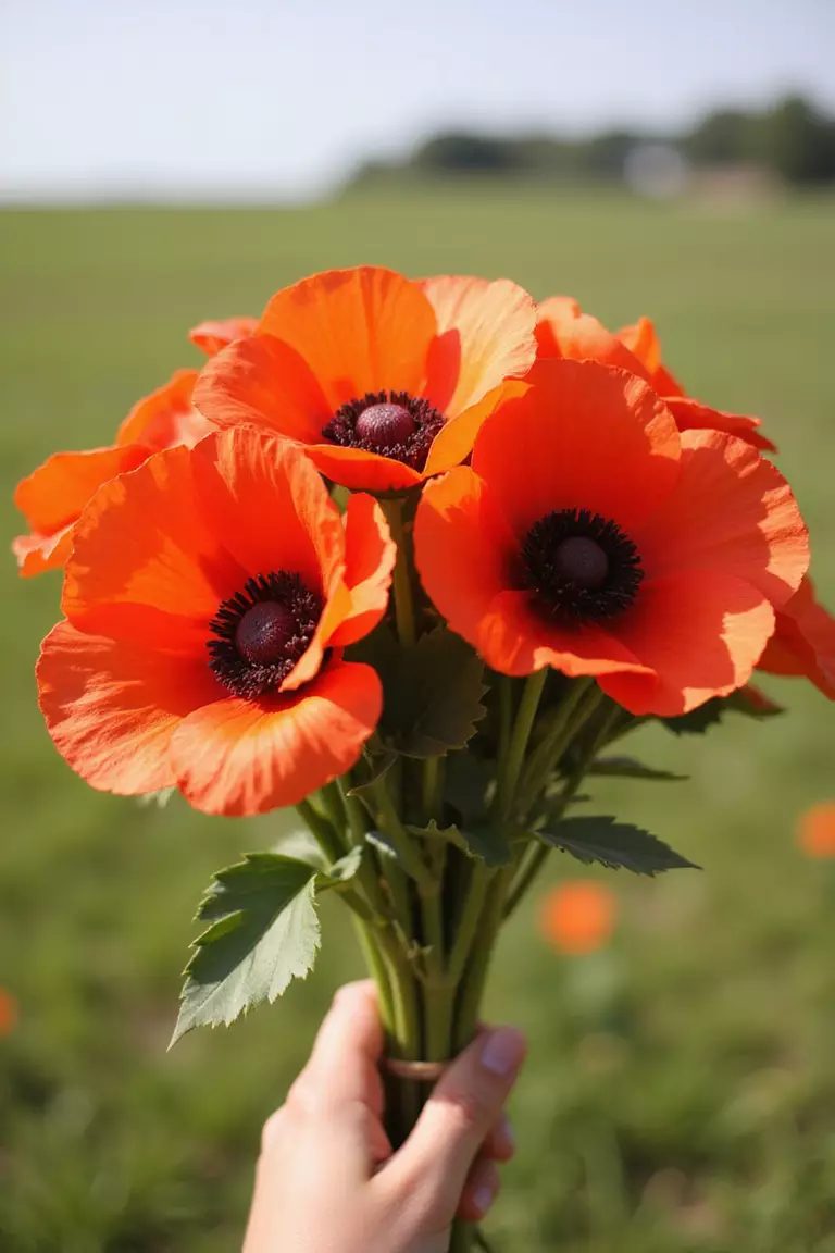 Poppy Pop A professional photo, similar to a photo in a wedding magazine, of a bright bouquet featuring large, papery red and orange poppies with dark centers. Open field background, sunny day. No text.