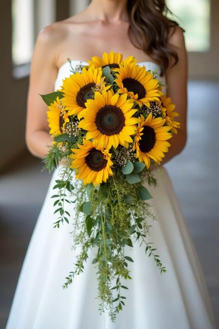 Cascading Sunflower Bouquet A professional photo, similar to a photo in a wedding magazine, of a bride holding a dramatic cascading bouquet featuring sunflowers spilling downwards with trailing greenery and smaller accent flowers.