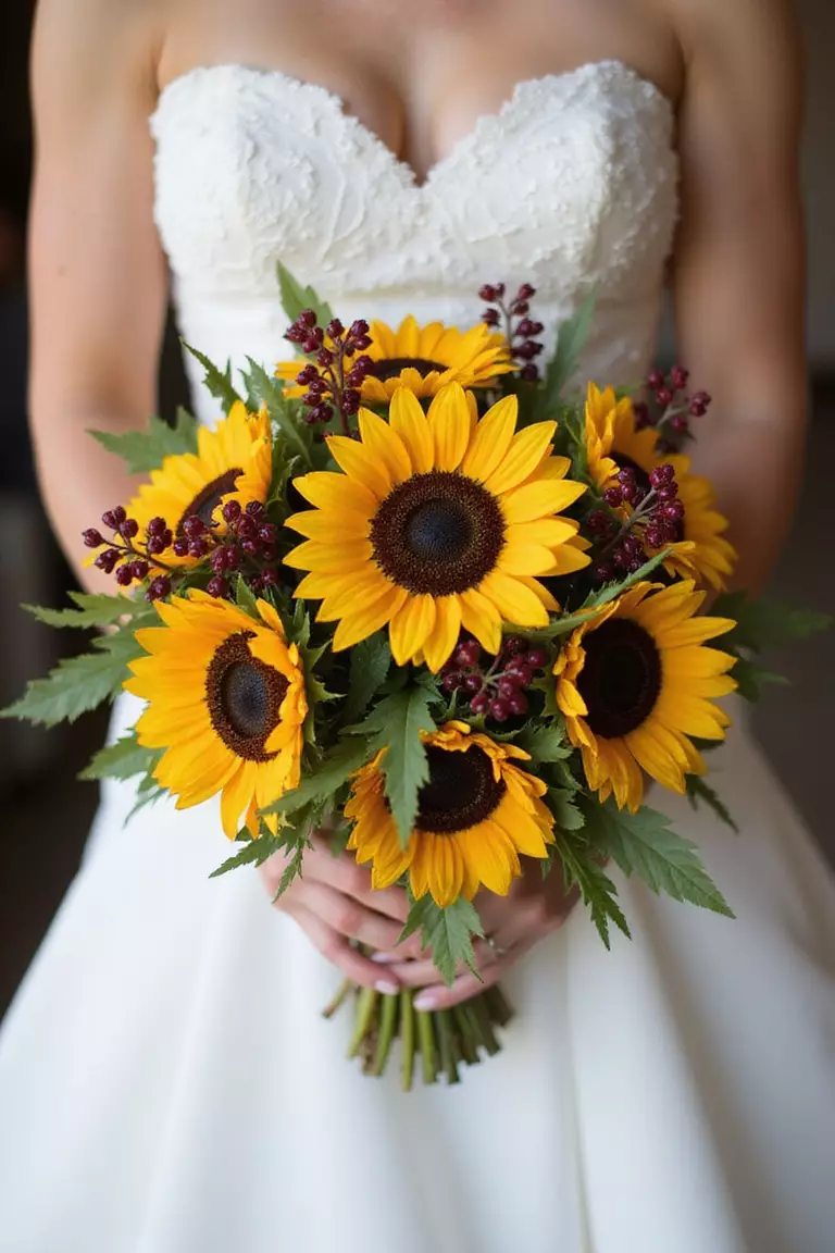 Sunflowers With Berries A professional photo, similar to a photo in a wedding magazine, of a bride holding a textured bouquet featuring sunflowers mixed with clusters of dark or red berries like hypericum.