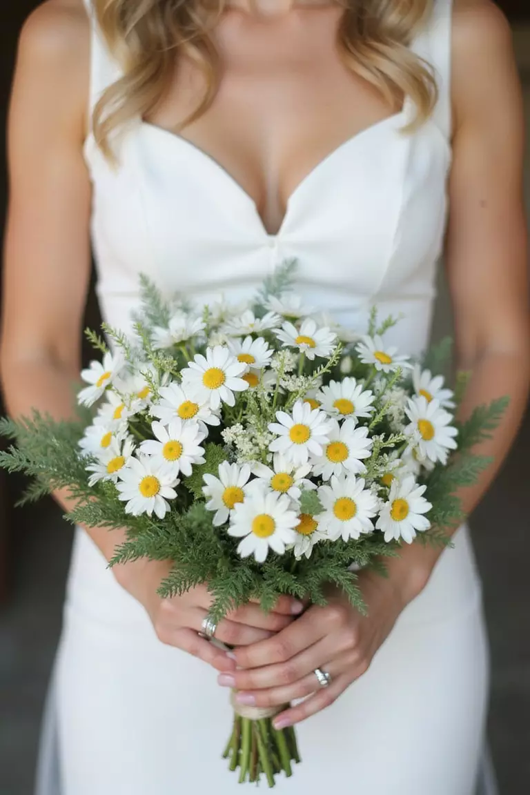Chamomile Calm A professional photo, similar to a photo in a wedding magazine, of a bride holding a fragrant bouquet of white chamomile flowers with yellow centers and feathery green foliage.