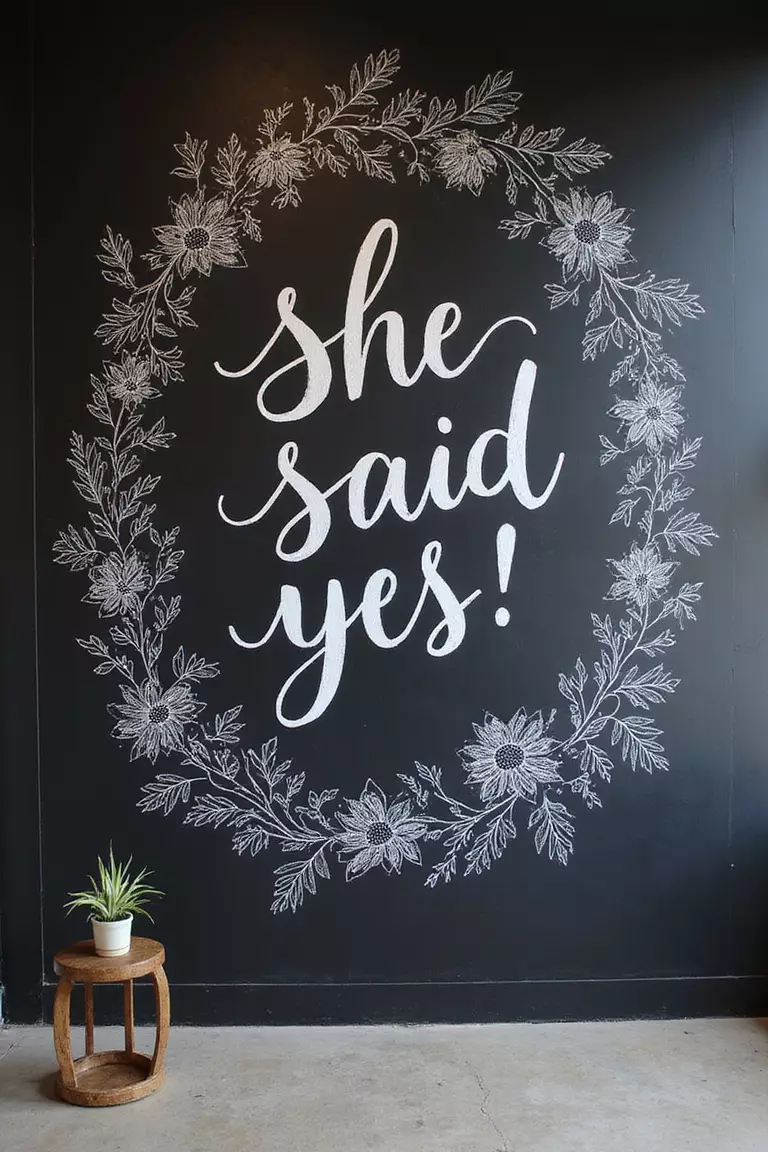 Chalkboard Art A professional photo, similar to a photo in a wedding magazine, of a large black chalkboard wall with elaborate white chalk calligraphy spelling