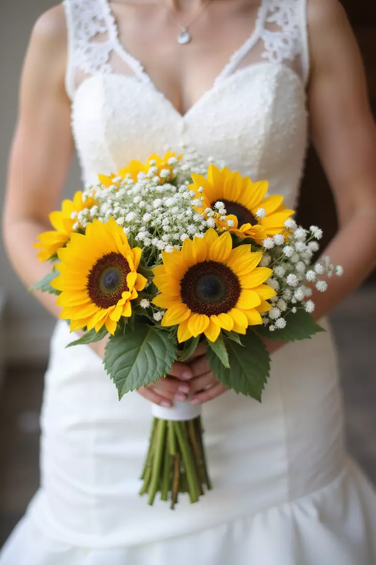 Sunflowers With Baby's Breath A professional photo, similar to a photo in a wedding magazine, of a bride holding a sunflower bouquet lightly accented with delicate clusters of white baby's breath, creating a soft, airy feel.
