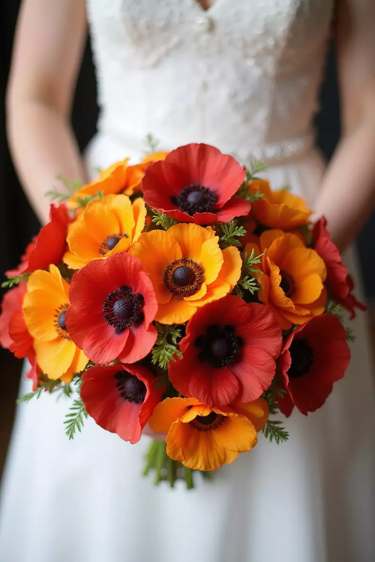 Poppy Power A professional photo, similar to a photo in a wedding magazine, of a bride holding a striking bouquet filled with bright red, orange, and yellow poppies with delicate stems.