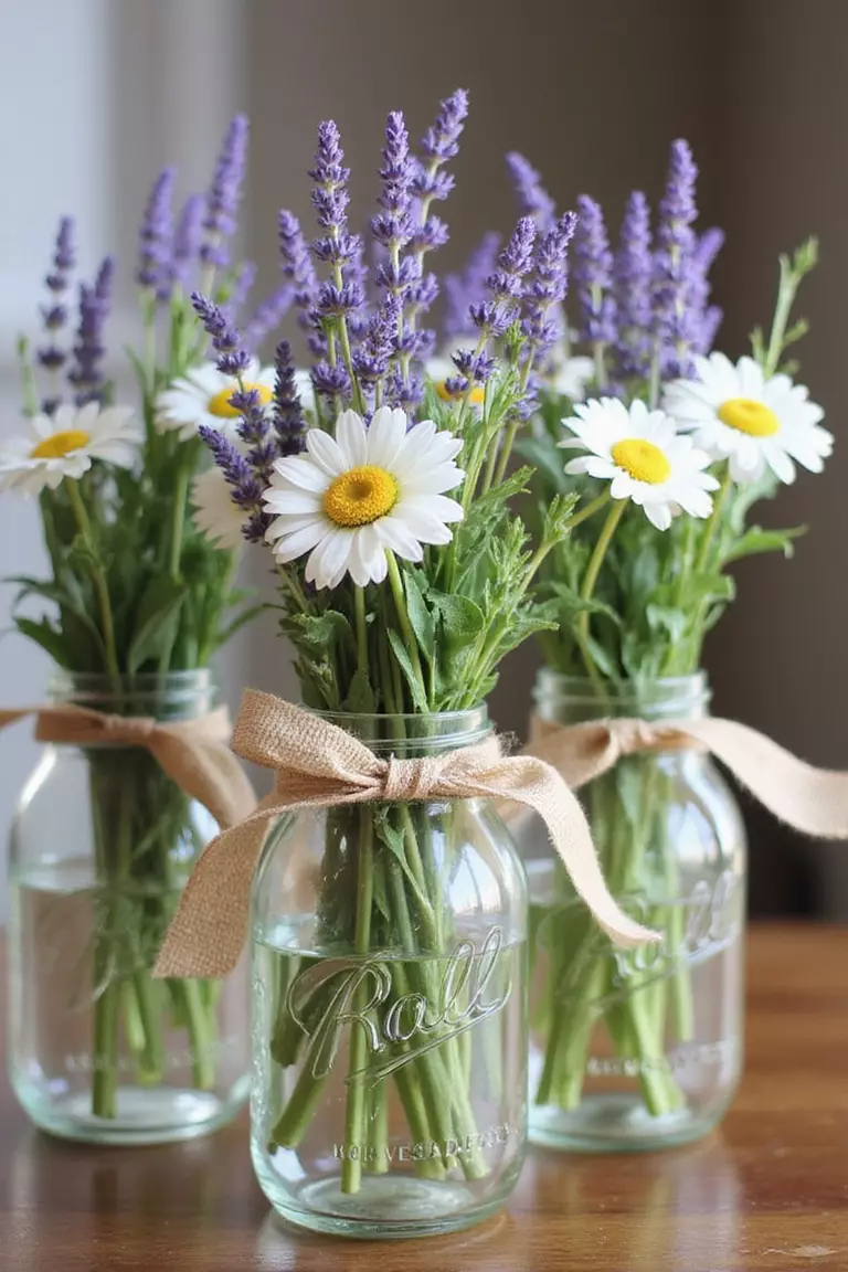 Mason Jar Magic A professional photo, similar to a photo in a wedding magazine, of several clear mason jars filled with wildflowers like daisies and lavender, tied with burlap ribbon, grouped together.