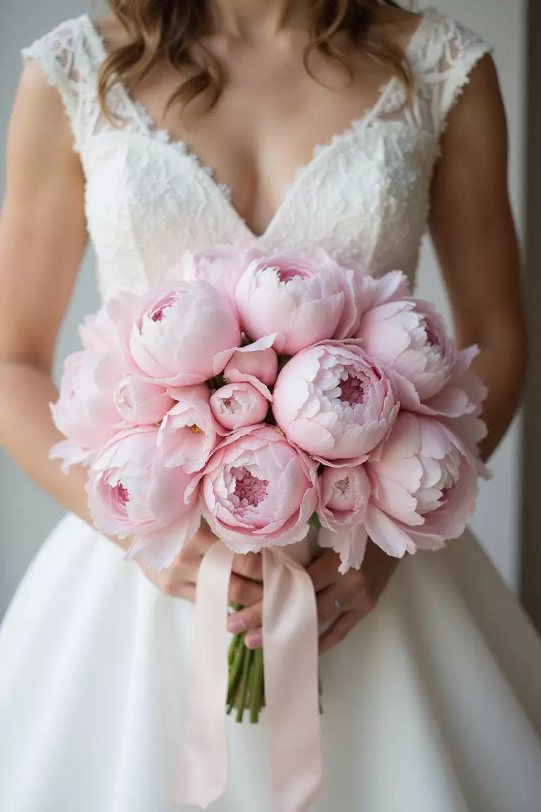 Hand-Tied Peonies A professional photo, similar to a photo in a wedding magazine, of a bride holding a lush, round bouquet overflowing with large, soft pink peonies, tied loosely with a silk ribbon.