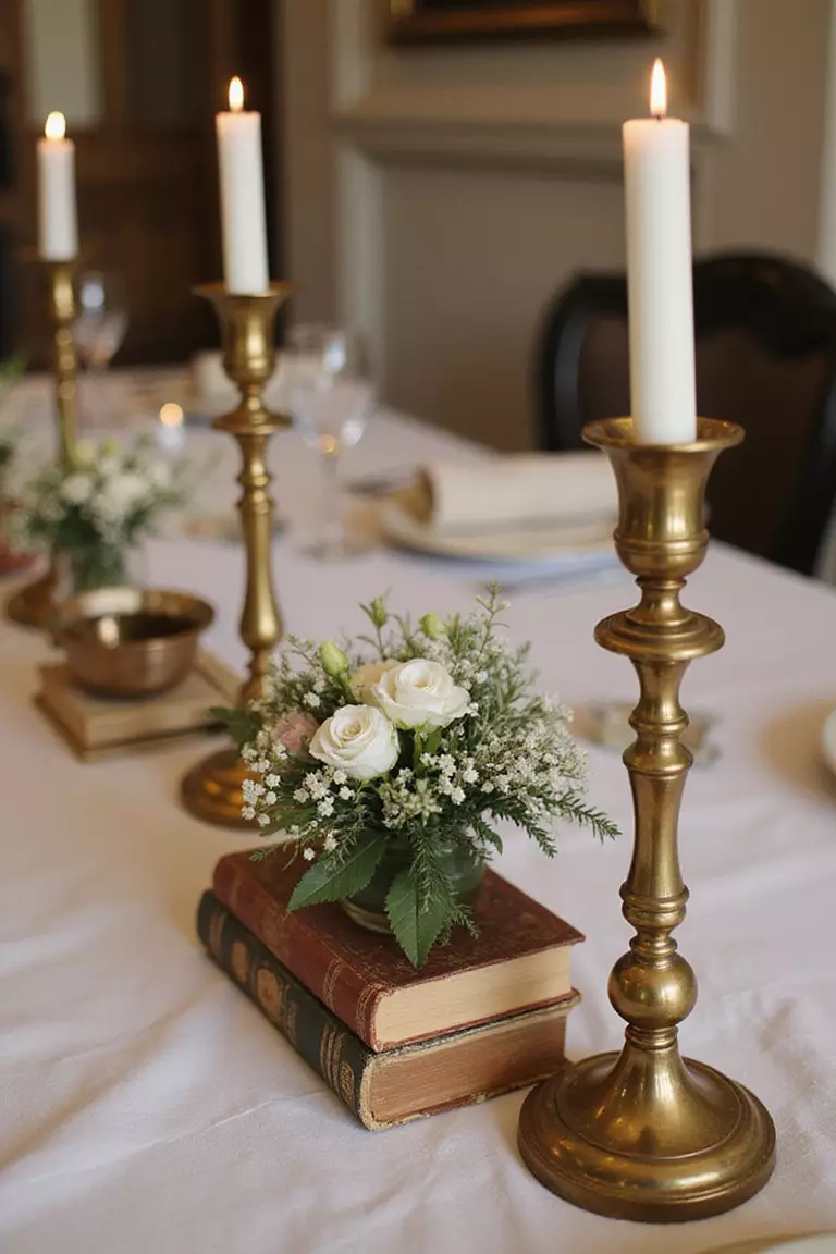 Antique Decor A professional photo, similar to a photo in a wedding magazine, of a wedding reception table decorated with antique brass candlesticks, old books, and small floral arrangements.