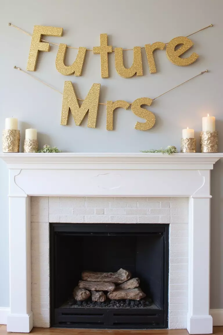 Personalized Banner Fun A professional photo, similar to a photo in a wedding magazine, of a glittery gold banner reading