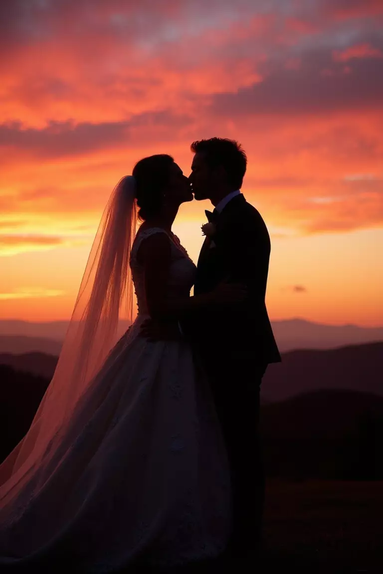 Take Sunset Photos A professional photo, similar to a photo in a wedding magazine, of a silhouetted newlywed couple kissing against a backdrop of a vibrant orange and pink sunset sky.