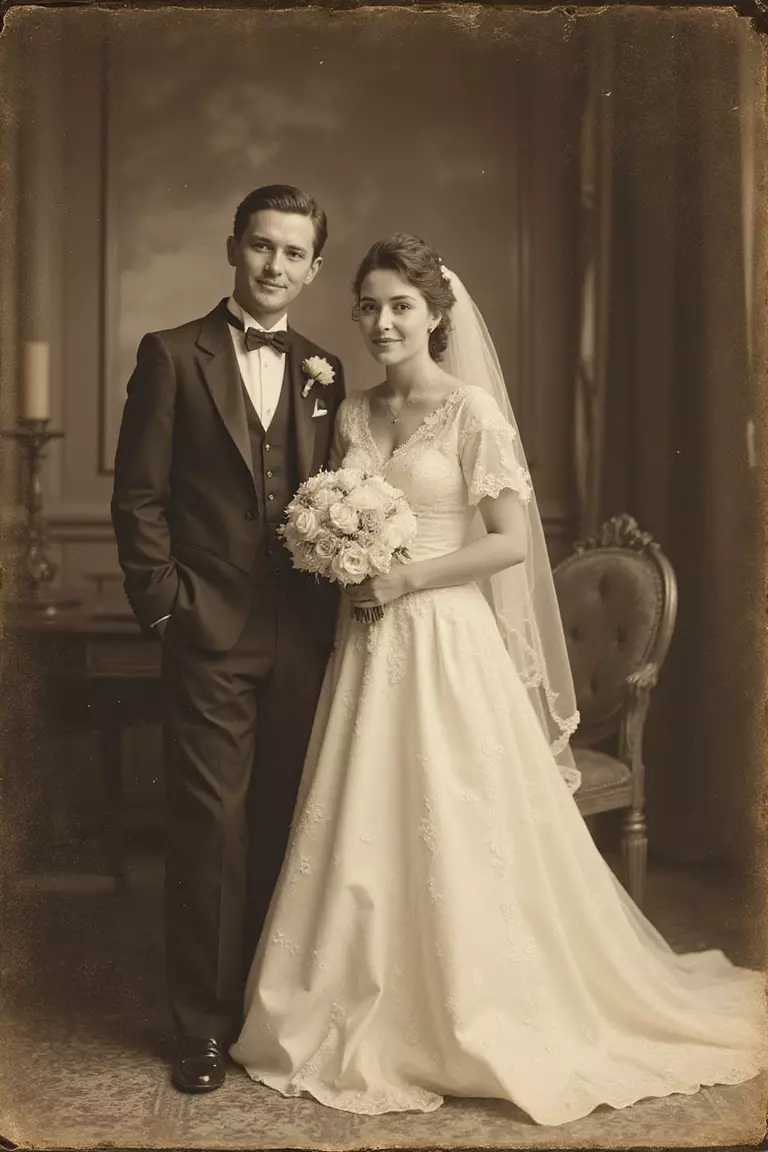 Sepia Tone Photos A professional photo, similar to a photo in a wedding magazine, of a wedding portrait edited with a warm sepia tone effect, resembling an old photograph.