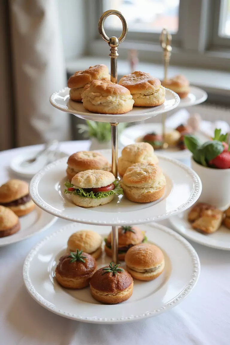Use Tiered Serving Stands A professional photo, similar to a photo in a wedding magazine, of elegant multi-tiered ceramic stands holding an assortment of sandwiches, scones, and pastries, creating a visually appealing display on the table.