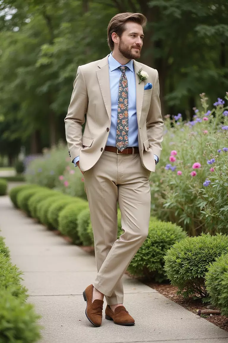Khaki Suit A professional photo, similar to a photo in a wedding magazine, of a man wearing a khaki suit with a light blue shirt, floral tie, and brown suede loafers at a garden wedding