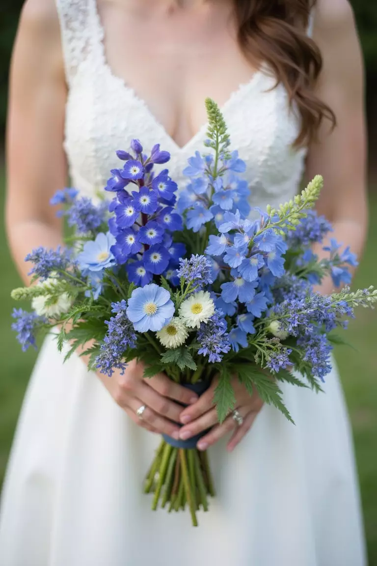 Monochromatic Wildflowers A professional photo, similar to a photo in a wedding magazine, of a bride holding a wildflower bouquet using various blooms like lupine, delphinium, and cornflowers all in shades of blue.