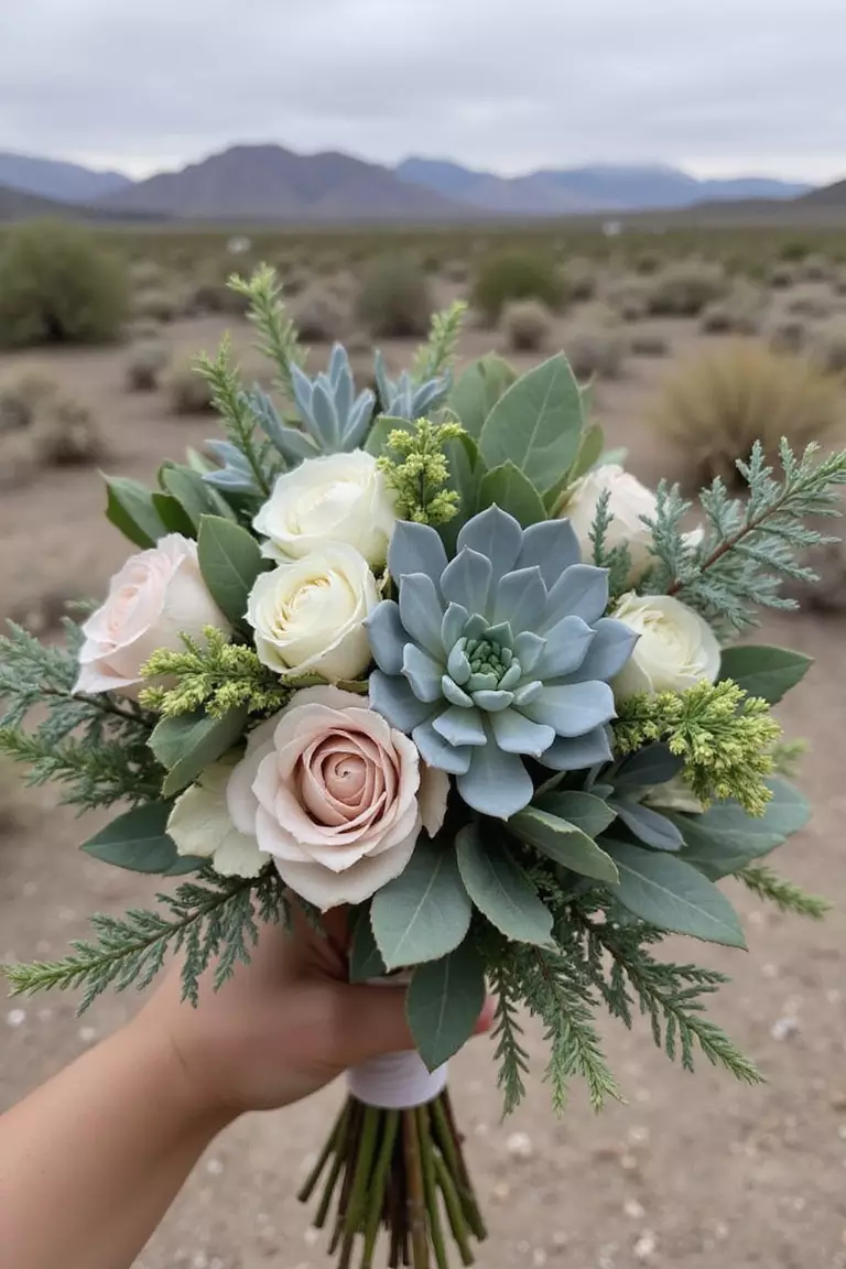 Succulent Surprise A professional photo, similar to a photo in a wedding magazine, of a unique bouquet combining soft flowers like roses with structural succulents in muted green and grey tones. Desert landscape background. No text.