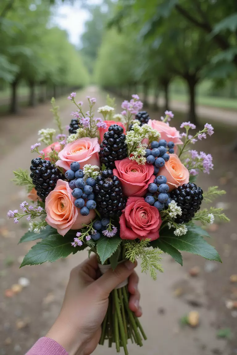 Berry Beautiful A professional photo, similar to a photo in a wedding magazine, of a summer bouquet accented with clusters of ripe berries like blueberries or raspberries mixed with flowers. Orchard background. No text.
