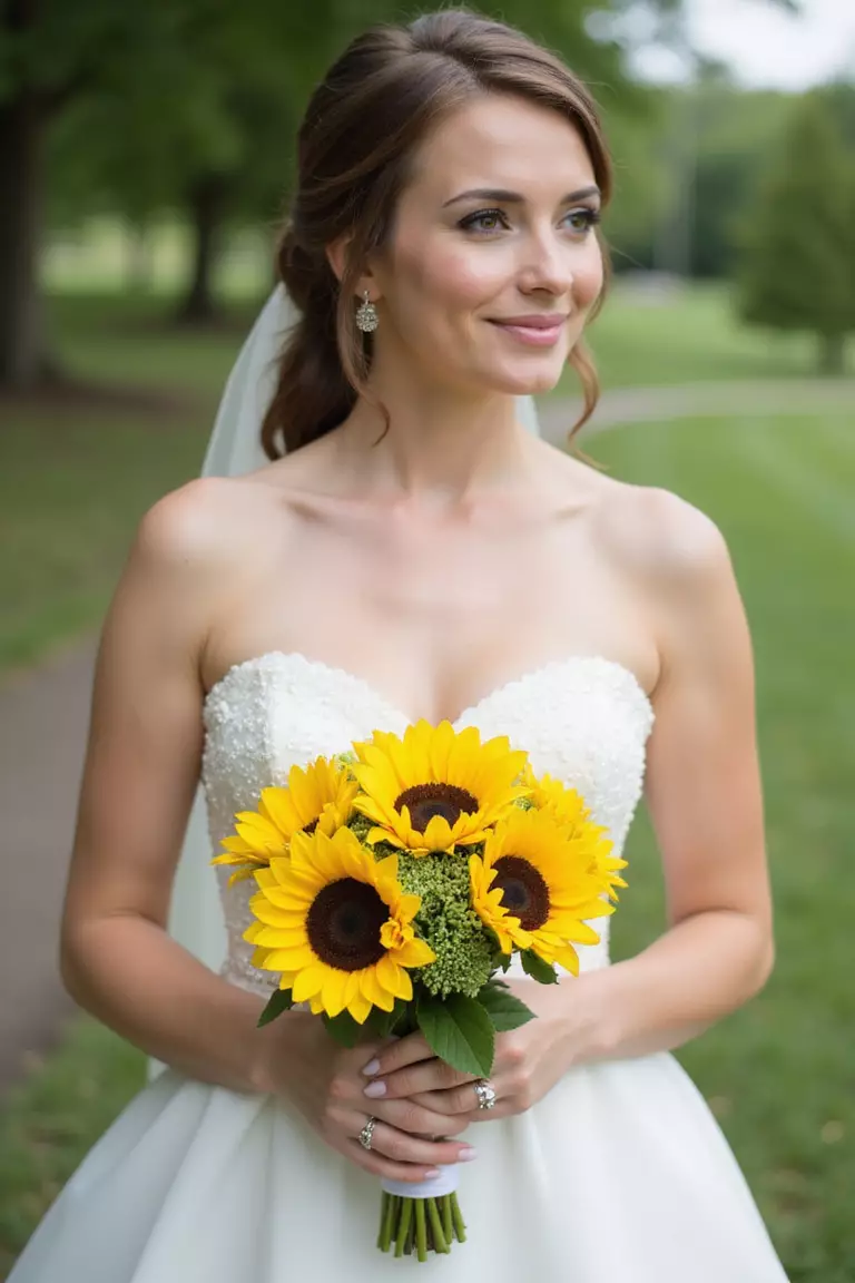 Sunny Sunflower Smiles A professional photo, similar to a photo in a wedding magazine, of a bride holding a vibrant yellow sunflower bouquet, tightly arranged with green accents against a soft-focus garden setting. No text.