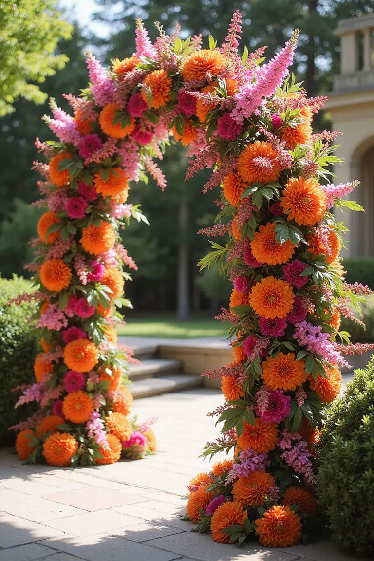Bright Fuchsia And Vibrant Orange A professional photo, similar to a photo in a wedding magazine, of vibrant fuchsia and orange flower arrangements decorating a wedding arch. Bright sunshine illuminates the bold colors.