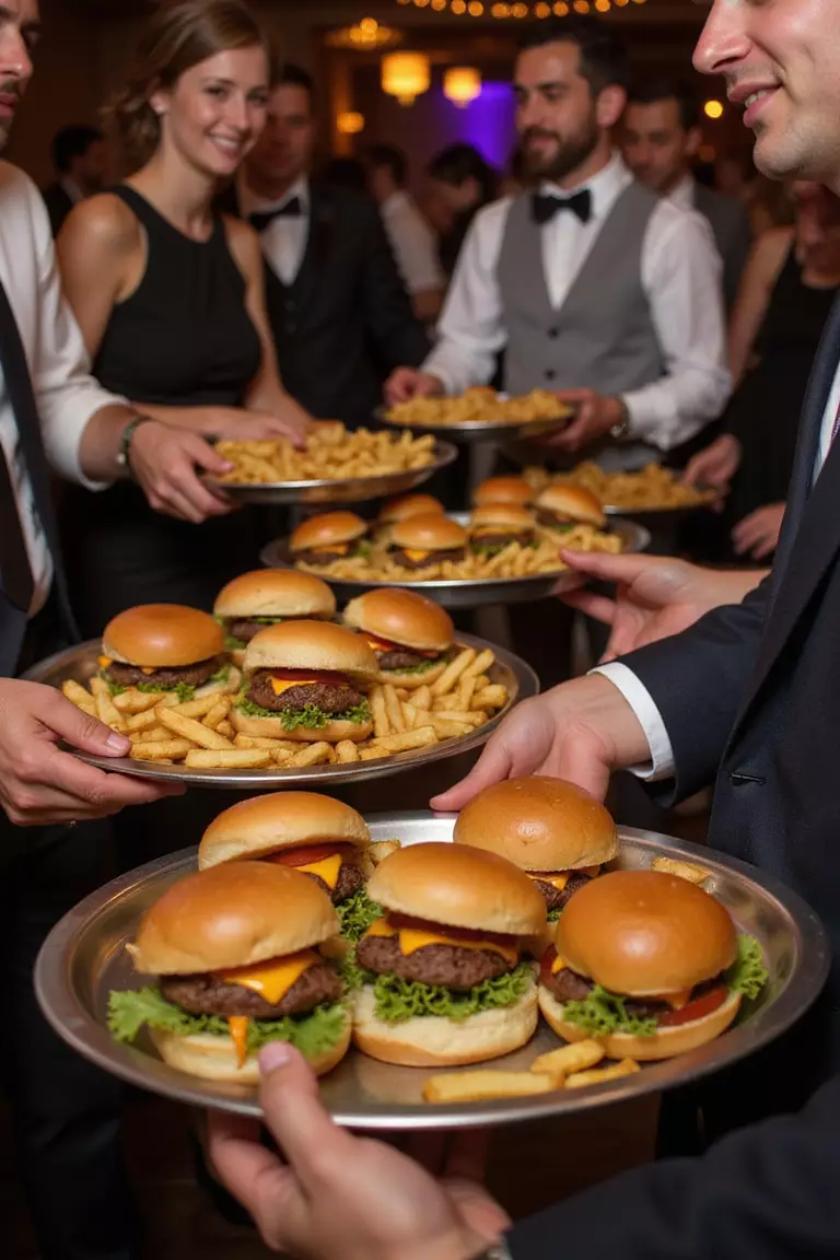 Late Night Snacks A professional photo, similar to a photo in a wedding magazine, of servers offering trays of mini burgers and fries to happy guests dancing at a late-night wedding reception.