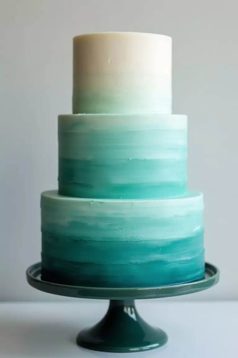 Ombre Effect Cake A professional photo, similar to a photo in a wedding magazine, of a smooth buttercream cake transitioning gradually from dark teal at the base to pale teal at the top.