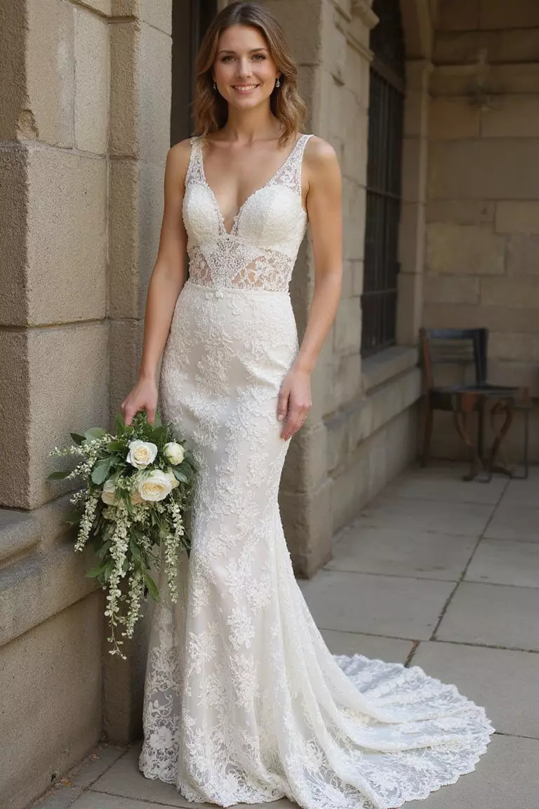 Vintage Wedding Dress A professional photo, similar to a photo in a wedding magazine, of a joyful bride wearing a 1920s-style beaded lace gown, holding a cascading bouquet near an old stone wall.
