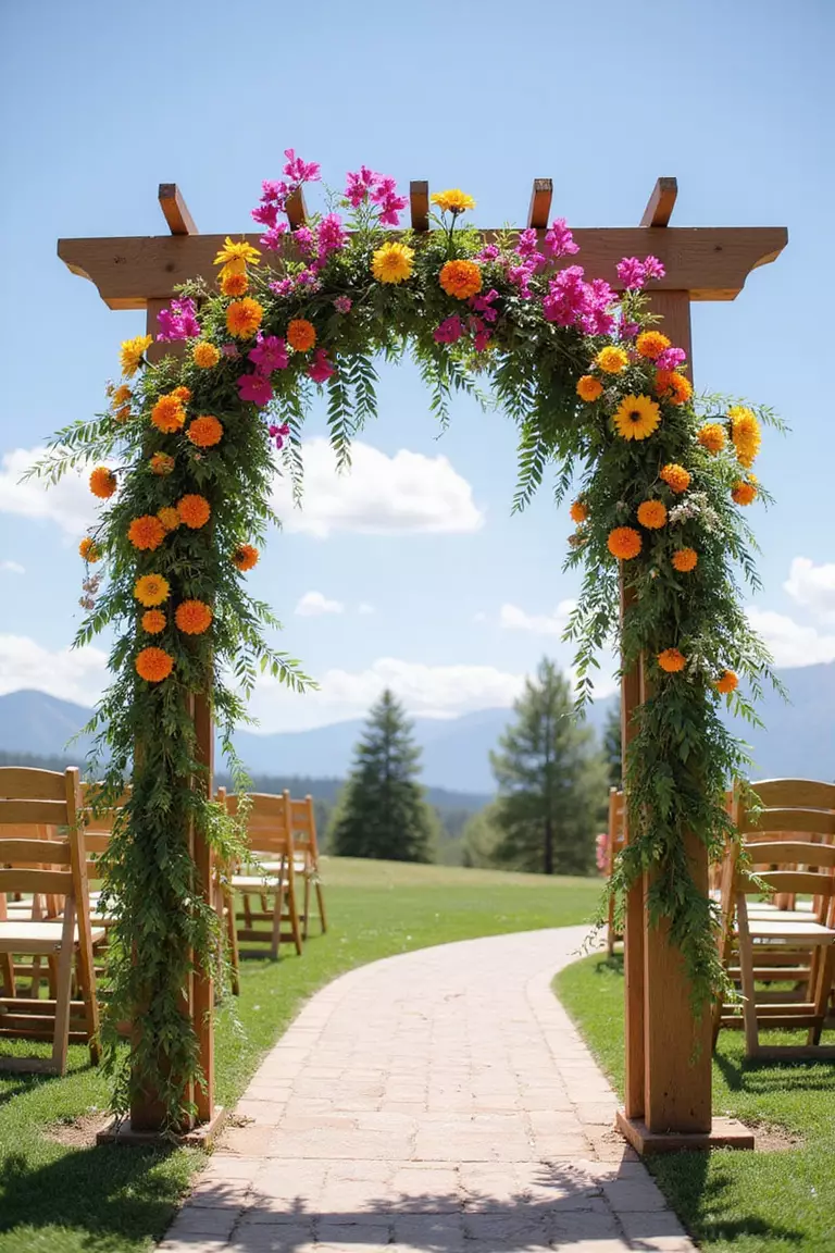 Bright Floral Arch A professional photo, similar to a photo in a wedding magazine, of a wooden wedding arch covered in vibrant summer flowers like fuchsia bougainvillea, orange marigolds, and yellow sunflowers against a blue sky.