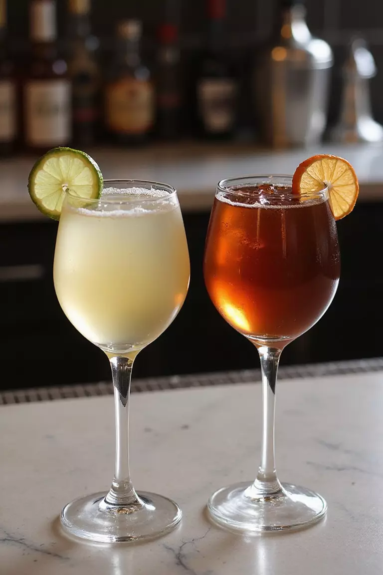 Signature Cocktails A professional photo, similar to a photo in a wedding magazine, of two distinct signature cocktails in elegant glassware, one light and one dark, garnished creatively on a bar top.