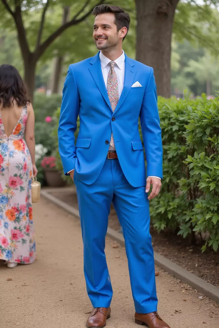 Bold Blue Suit A professional photo, similar to a photo in a wedding magazine, of a man wearing a bright blue suit with white shirt, patterned tie, and brown shoes at a colorful summer celebration