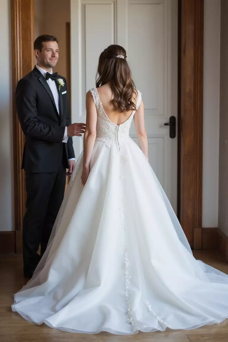 First Look Photos Before Ceremony A professional photo, similar to a photo in a wedding magazine, of a groom seeing his bride privately in her wedding dress for the first time before the ceremony begins.