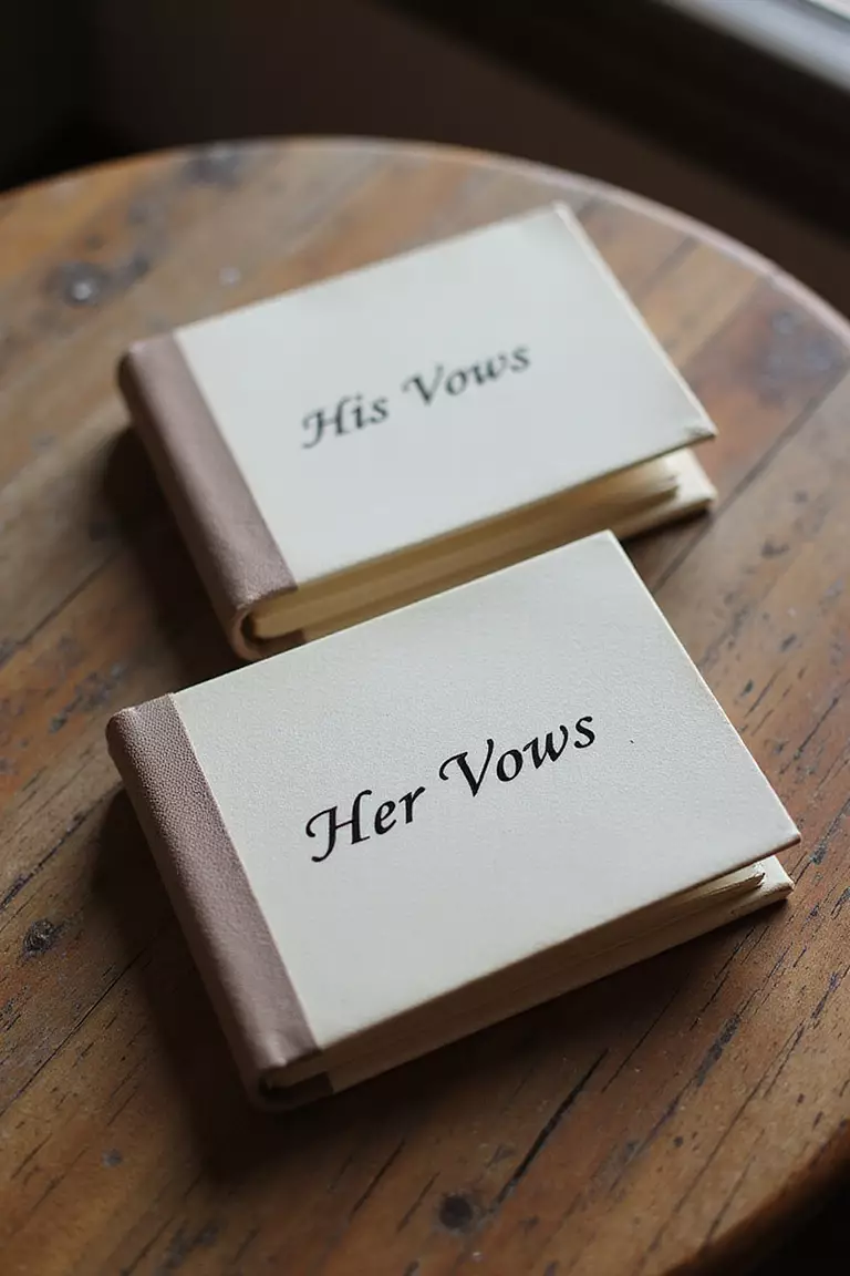 Personalized Vow Books A professional photo, similar to a photo in a wedding magazine, of two small, elegant vow books, one labeled