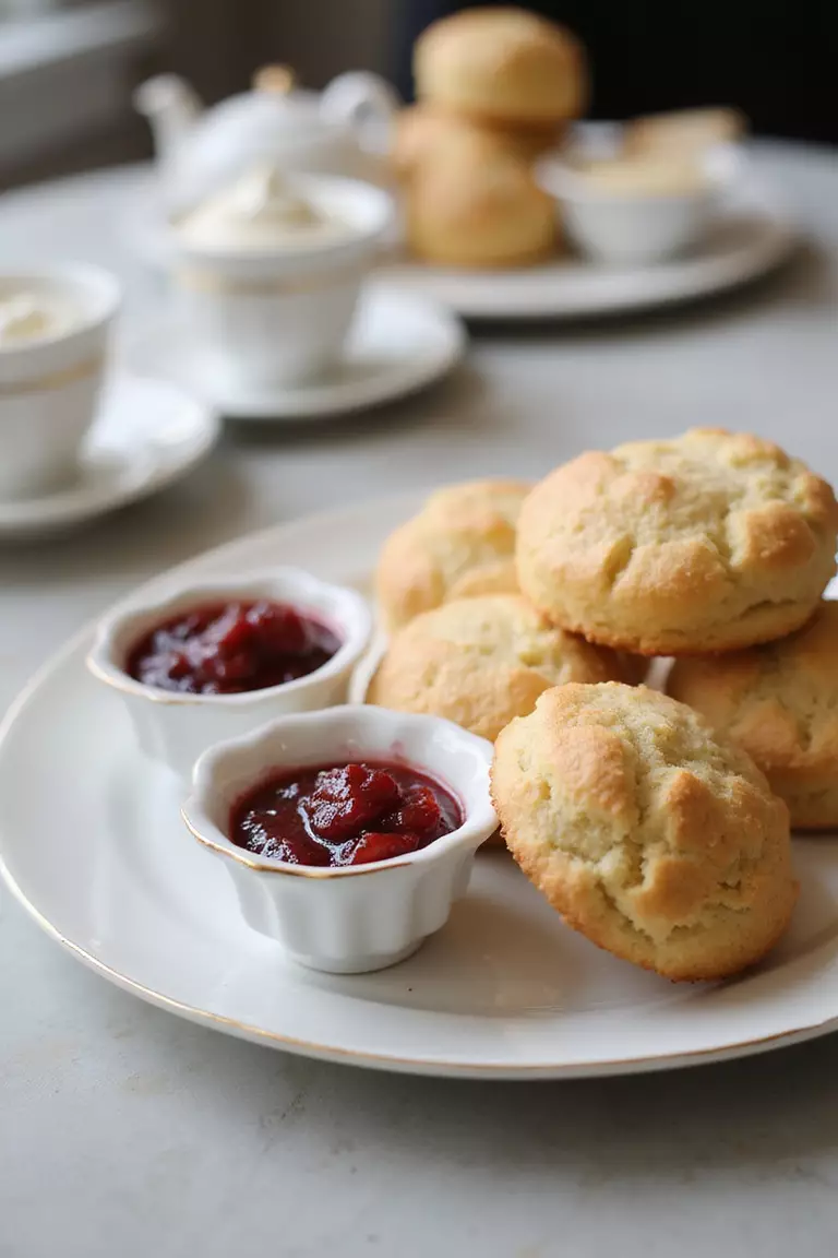 Offer Scones With Jam And Cream A professional photo, similar to a photo in a wedding magazine, of freshly baked scones served warm on a porcelain plate with small bowls of clotted cream and strawberry jam.