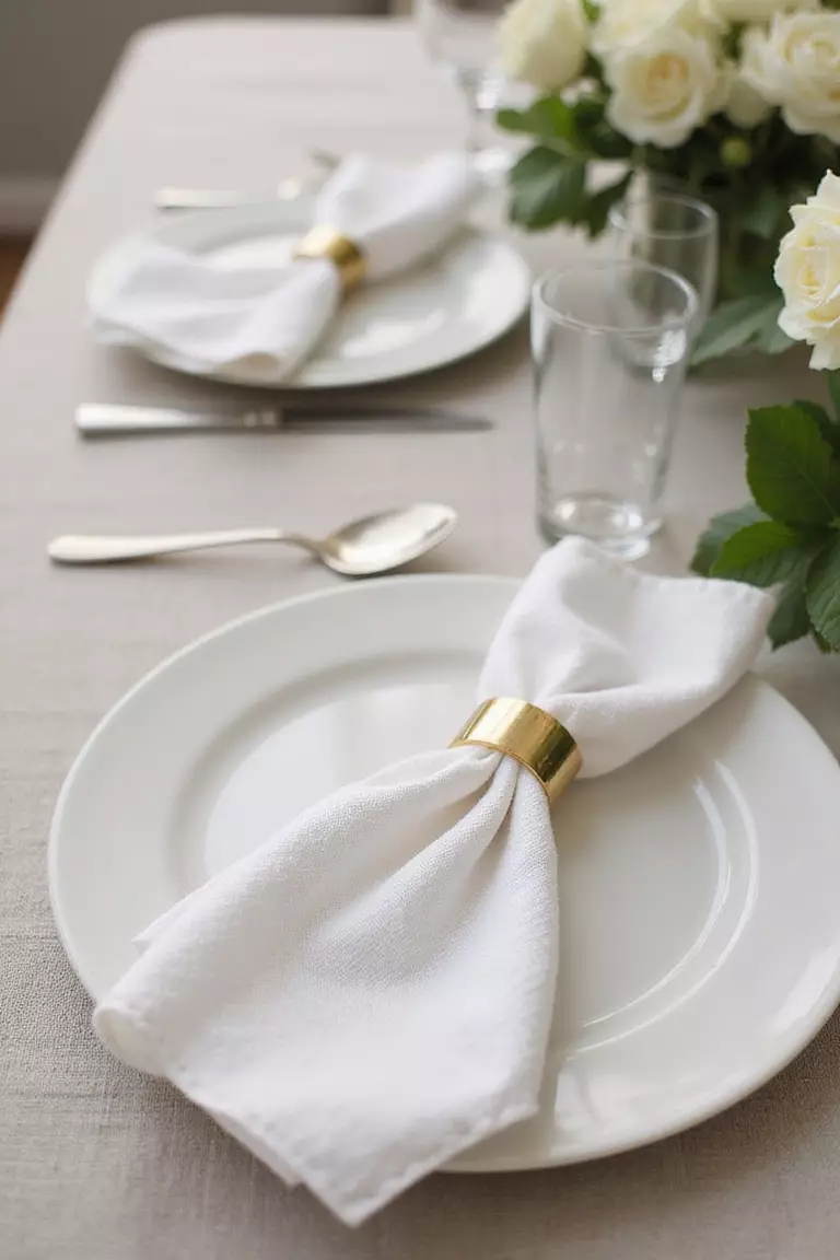 Unique Napkin Rings Or Folds A professional photo, similar to a photo in a wedding magazine, of linen napkins folded neatly and secured with simple gold napkin rings, placed beside dinner plates on a set table.