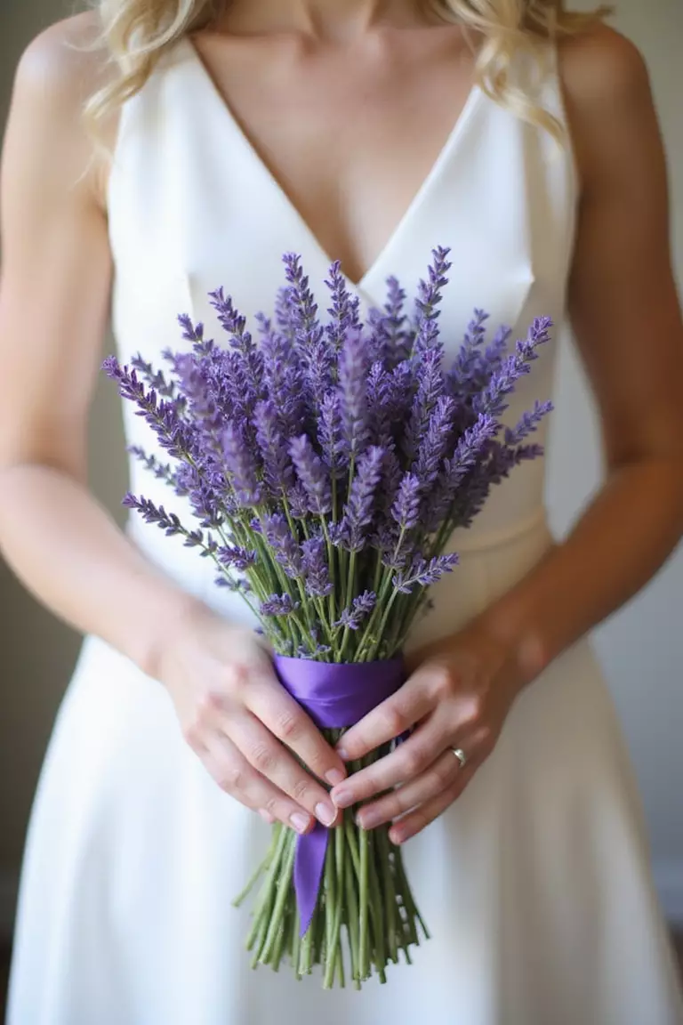 Lavender Dreams A professional photo, similar to a photo in a wedding magazine, of a bride holding a simple, fragrant bouquet composed entirely of long stems of fresh lavender tied with purple ribbon.