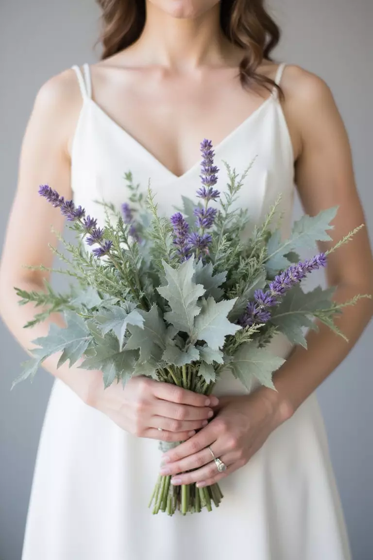 Dusty Miller And Lavender Softness A professional photo, similar to a photo in a wedding magazine, of a bride holding a soft, muted bouquet featuring silvery-grey Dusty Miller leaves paired with fragrant purple lavender sprigs and perhaps some thistle.