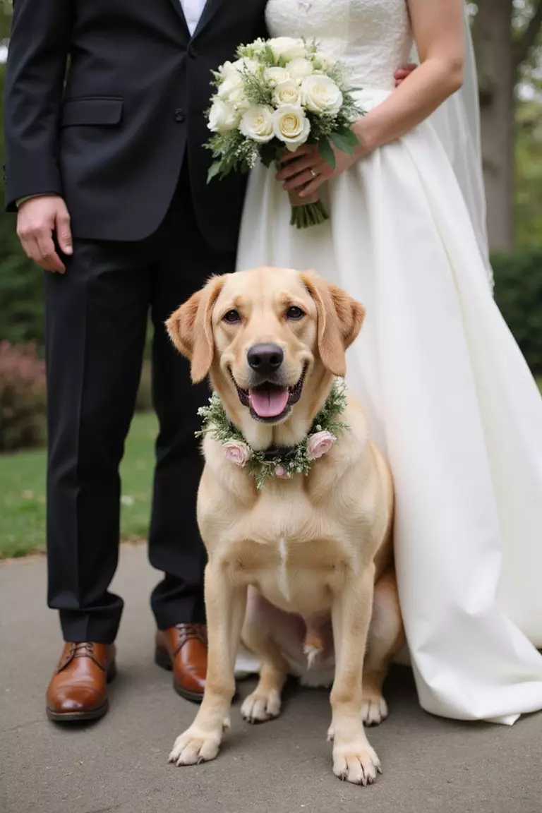 Involving Your Pets A professional photo, similar to a photo in a wedding magazine, of a happy dog wearing a floral collar sitting calmly next to the wedding couple during the ceremony.